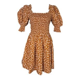 MSK‎ Women's Smocked Puff Sleeve Mini Dress Brown White Leopard Print Size S